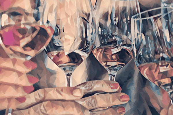 An image of 4 hands holding wine glasses in art form
