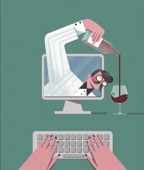 Image of a well dressed man reaching out of the monitor and pouring a glass of wine for the person using the computer.